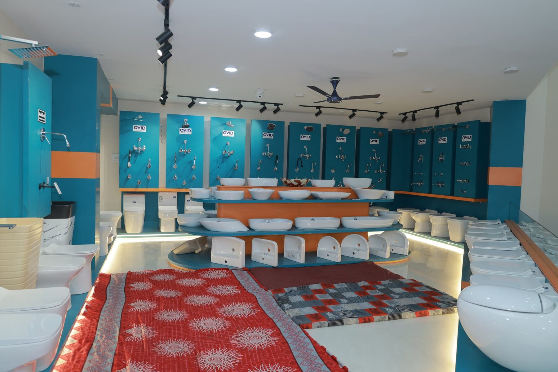 Ovid Bathware faucet and sanitaryware displays on the showroom floor